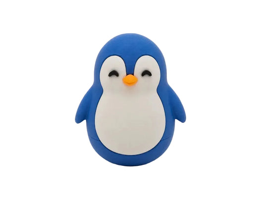Pinguin Balansabil 3D Kawaii - vedere frontala, albastru-cobalt cu burta alba si cioc portocaliu, fundal gri