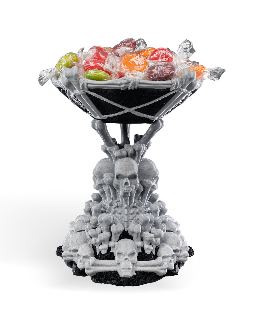 Tower of Bones suport bomboane cu cranii și oase gri, bol negru printat 3D, fundal alb - vedere față