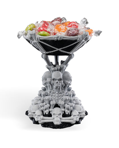 Tower of Bones suport bomboane cu cranii și oase gri, bol negru printat 3D, fundal alb - vedere față