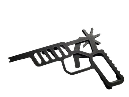 Pistol cu Elastice 3D - vedere de sus pe covor de taiere, negru-mat, design scheletizat cu cos stea hexagonala