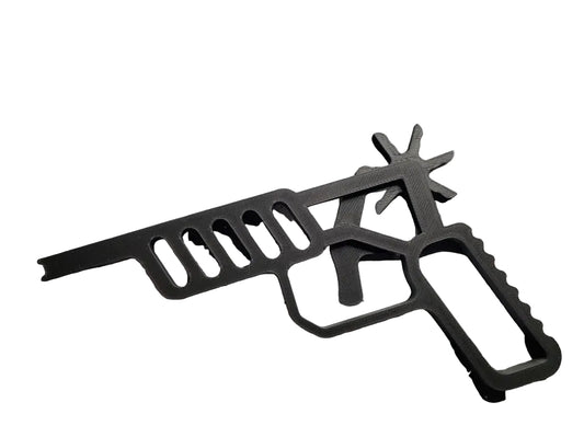 Pistol cu Elastice 3D - vedere de sus pe covor de taiere, negru-mat, design scheletizat cu cos stea hexagonala