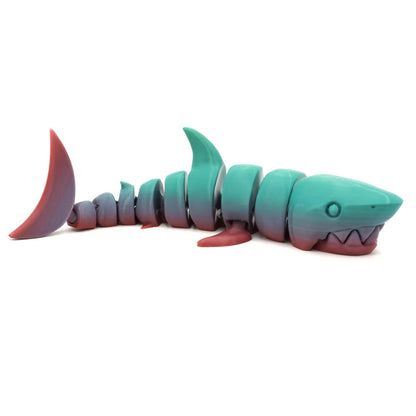 Flexi Shark - Rechin Articulat 3D - varianta gradient turcoaz-rosu, vedere laterala cu mandibula deschisa