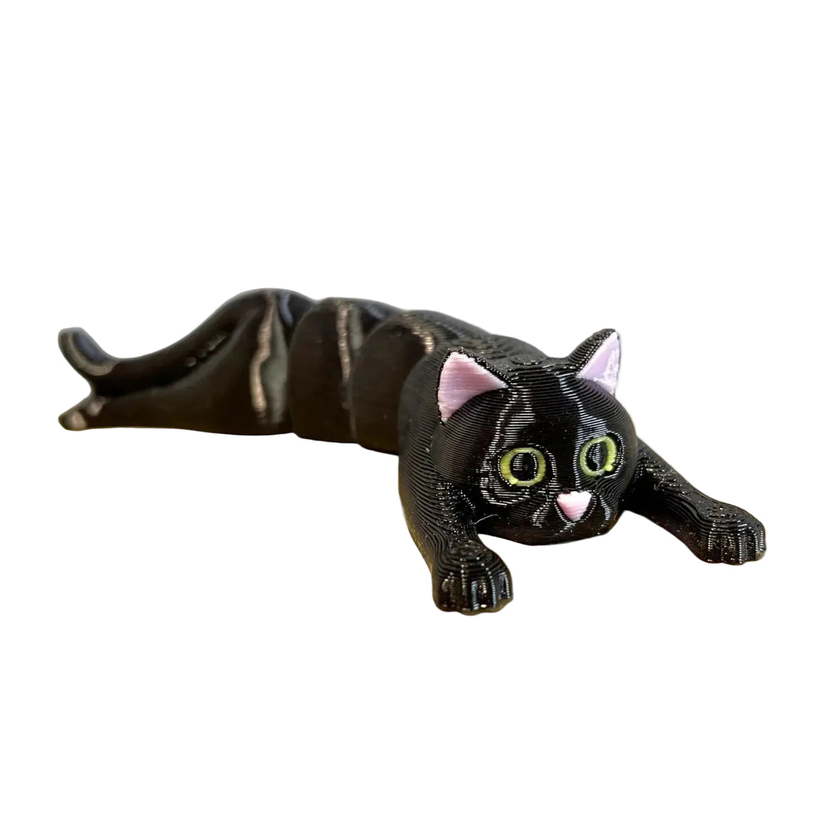 Flexi Cat - Pisicuta Articulata 3D - varianta neagra cu ochi verzi pe cutie, vedere laterala