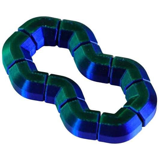 Fidget Wobble 3D - forma cifra 8, filament bicolor verde-albastru, pe masa alba