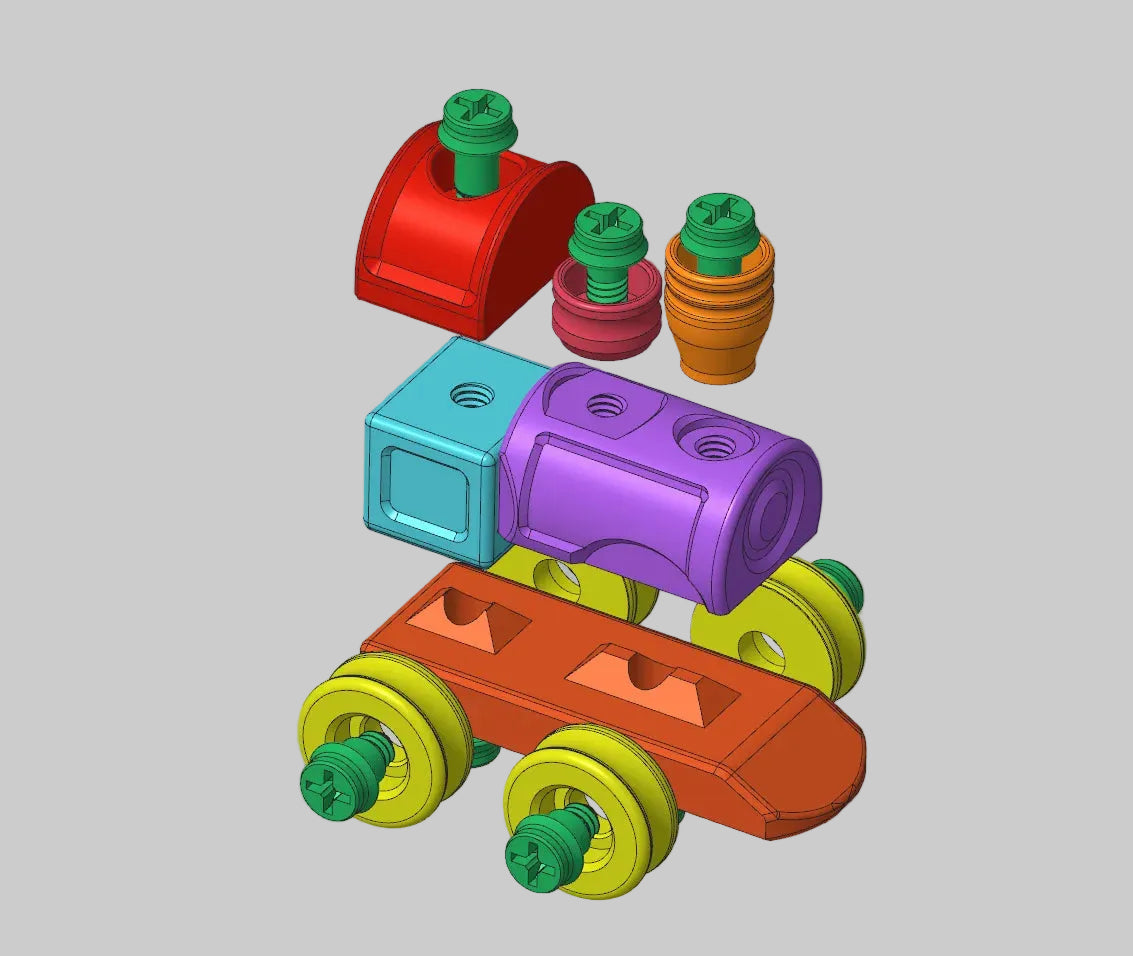 Set Trenulet Asamblabil 3D - render piese dezasamblate, toate componentele