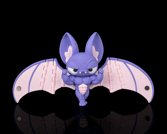 Buff Bat liliac musculos violet cu aripi roz articulate si magnet, vedere fata cu aripi intinse, fundal negru