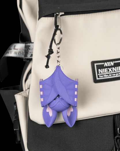 Buff Bat liliac musculos violet vedere spate cu aripi pliabile, inel breloc, fundal negru