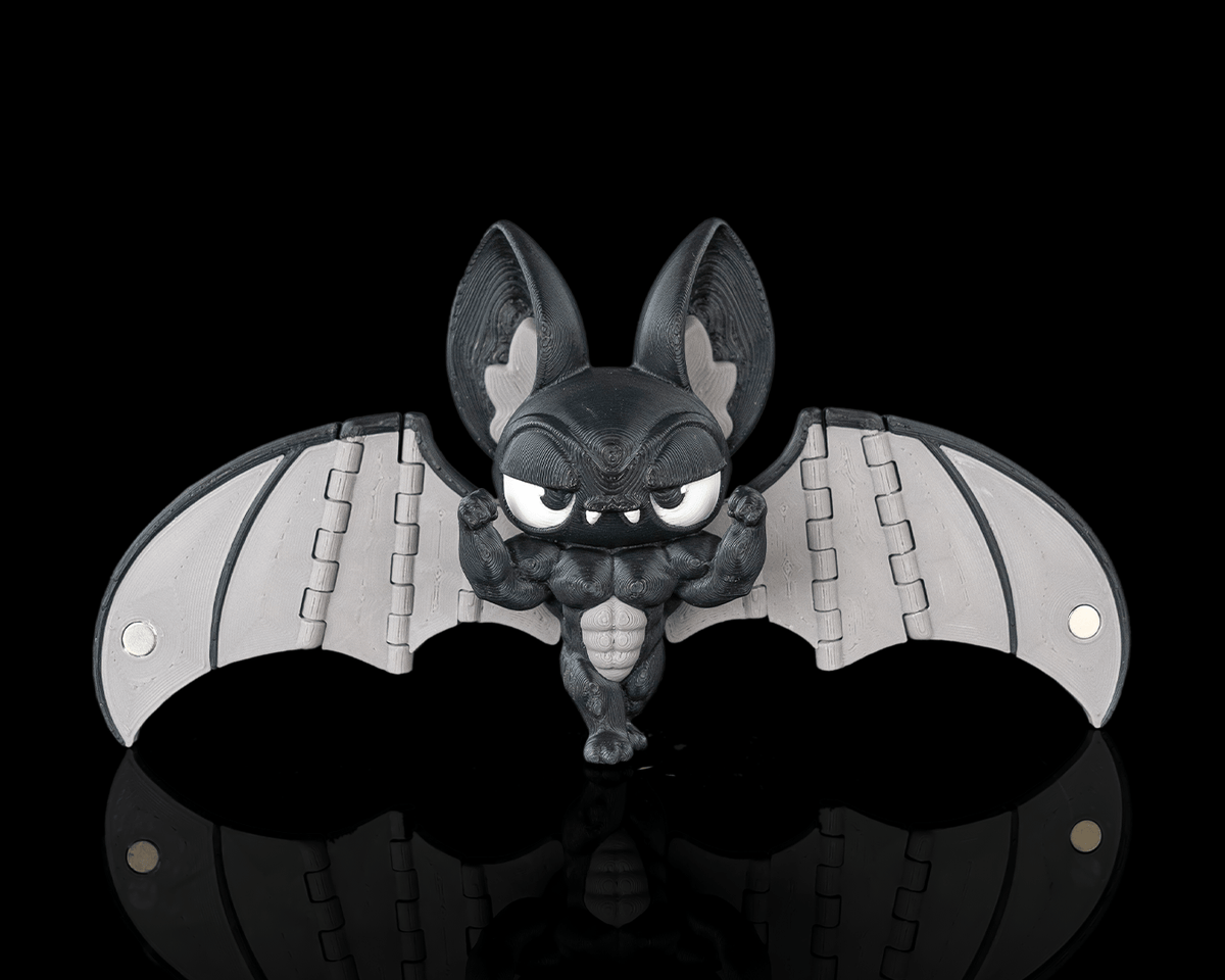 Buff Bat liliac musculos violet monocolor vedere fata cu aripi intinse si magnet, fundal negru