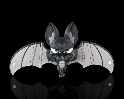 Buff Bat liliac musculos violet monocolor vedere fata cu aripi intinse si magnet, fundal negru