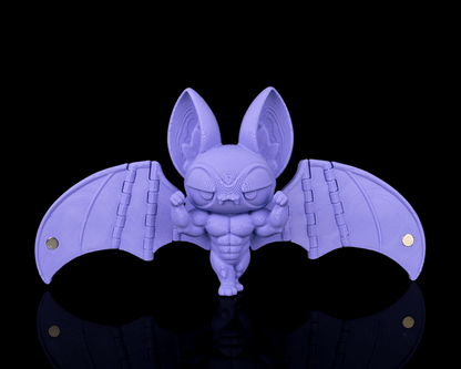 Buff Bat liliac musculos violet cu aripi roz, breloc agatat pe rucsac, fundal inchis