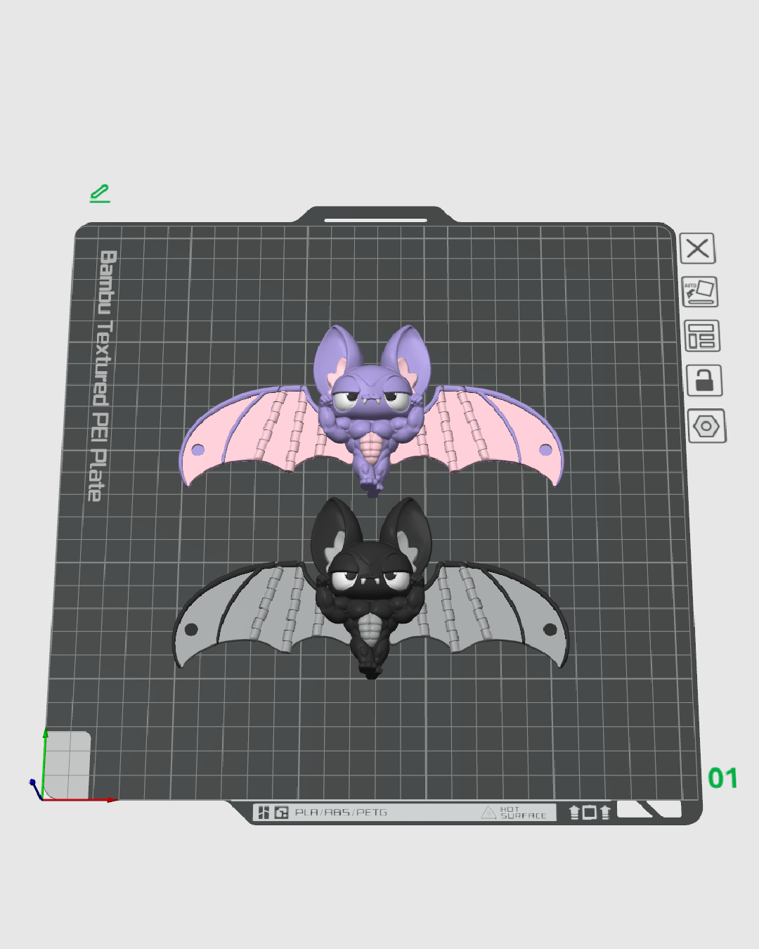 Buff Bat doua variante de culoare violet-roz si negru-gri pe placa de printare Bambu - vedere render slicer