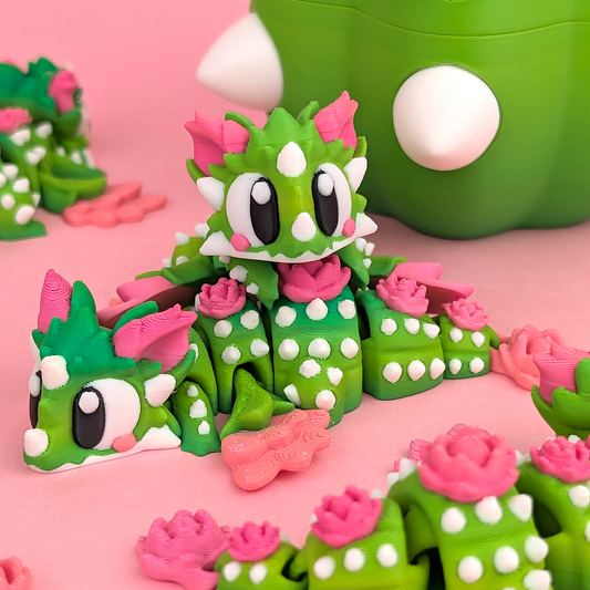 Cactus Bloom Mini Dragon - Figurină 3D Dragon Kawaii Verde cu Trandafiri