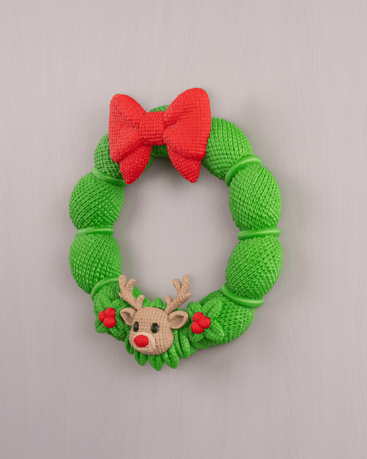 Coroană de Crăciun verde cu ren și fundă roșie, 22 cm