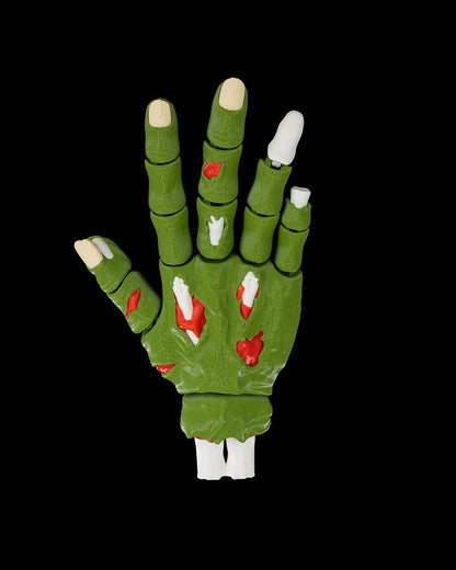 Handy Deadman mana zombie verde cu oase albe la incheietura, vedere fata, fundal negru