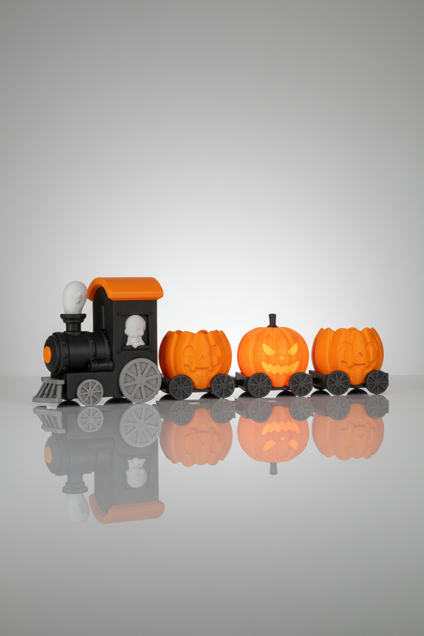 Haunted Pumpkin Train - tren complet cu locomotiva si 3 vagoane dovleac pline cu bomboane colorate, fundal negru