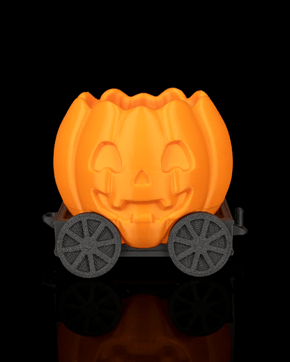 Haunted Pumpkin Train - vagon dovleac portocaliu cu capac detasabil si roata neagra, vedere fata luminata
