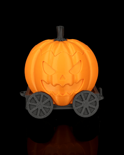Haunted Pumpkin Train - vagon dovleac portocaliu cu fata rea si coada neagra, vedere fata luminata