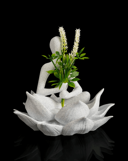 Lotus Keeper Planter – vedere laterală stânga cu flori albe