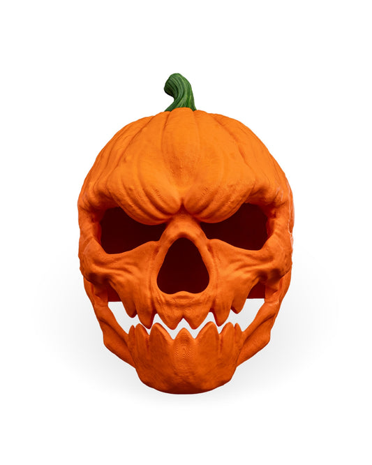 Masca Dovleac Halloween craniu portocaliu cu coada verde, vedere fata, fundal alb