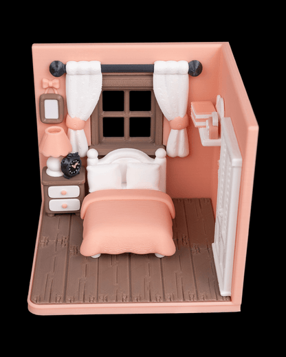 Tiny Bedroom - detaliu pat și raft-nor cu cărți