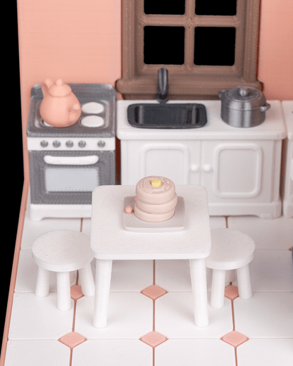 Tiny Kitchen - detaliu aragaz, chiuvetă și măsuță cu pancakes