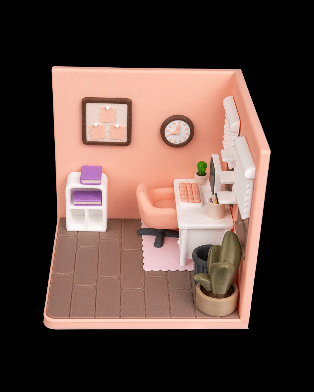 Tiny Office - vedere laterală cu raft cărți și ceas