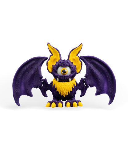 That-looks-bat figurina liliac monstru violet cu ochi alb mare, vedere spate simpla, fundal alb
