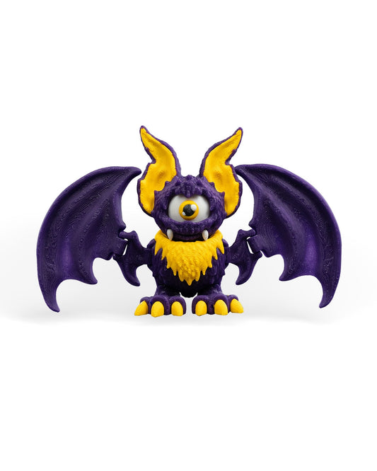 That-looks-bat figurina liliac monstru violet cu ochi alb mare, vedere spate simpla, fundal alb